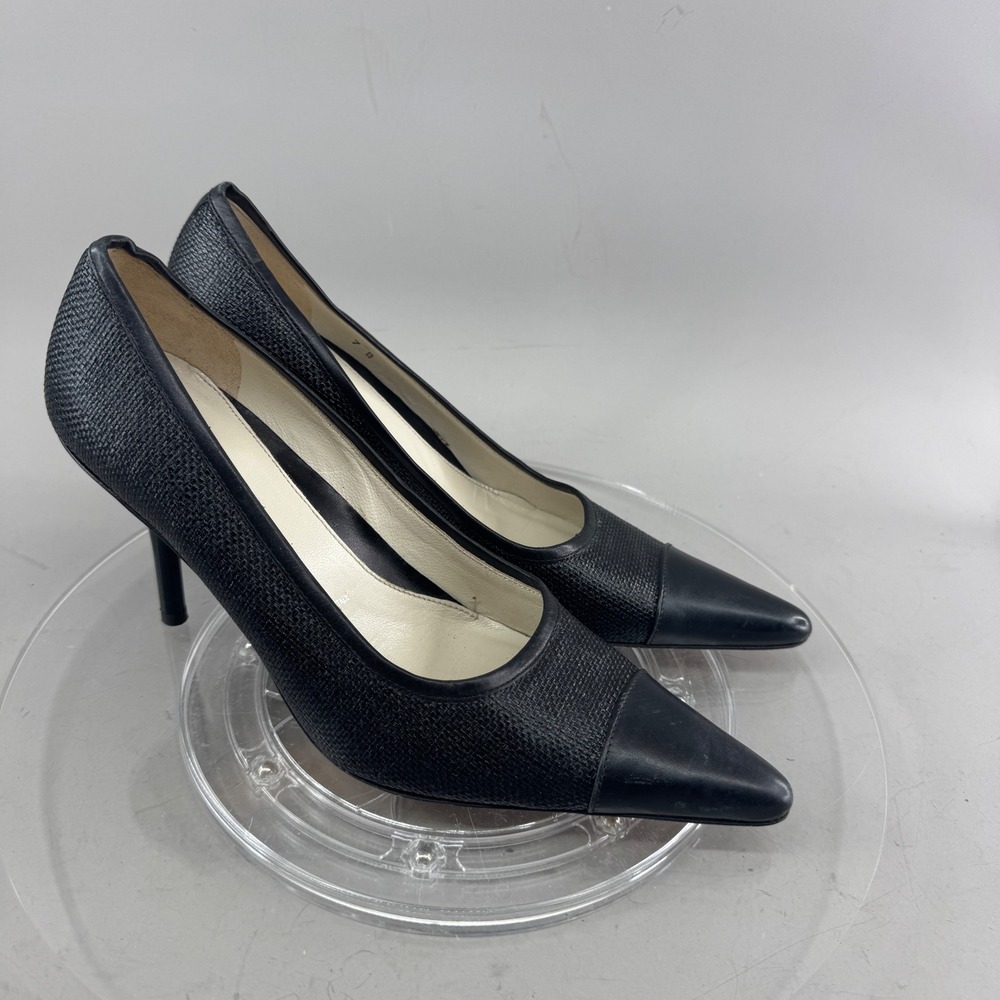 Amalfi Womens Pointed Cap Toe Stiletto Pumps Leather Woven Black Size 7 B